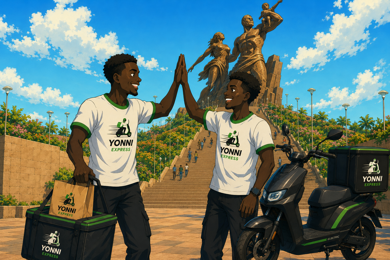 Livreurs Yonni Express en tenue officielle avec une moto électrique devant le Monument de la Renaissance africaine à Dakar